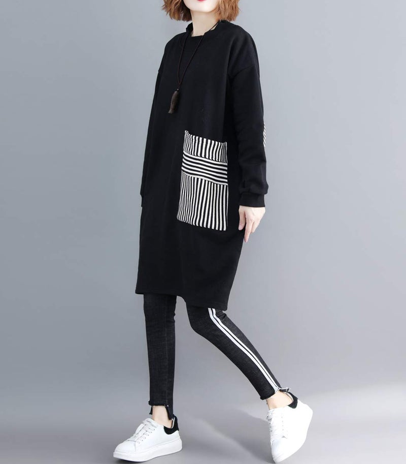 ellazhu Women's Striped Pocket Casual Crewneck Long Sleeve Pullover Sweater Swatershirt GA1271 Black - Image 4
